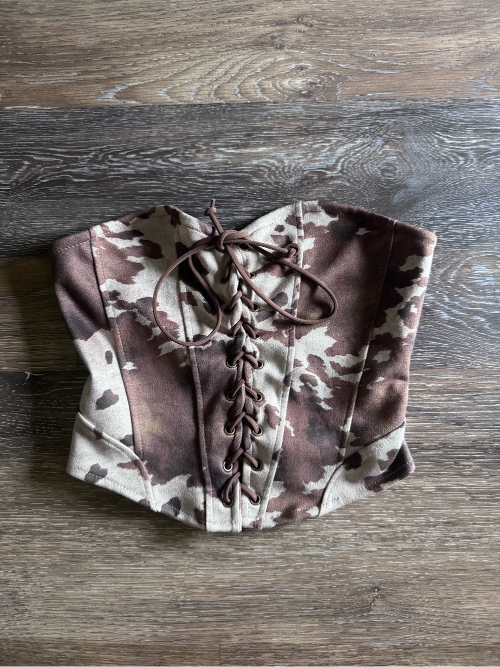 SHEIN Brown & Cream Cow 🐄 print Lace-Up Corset Crop Top